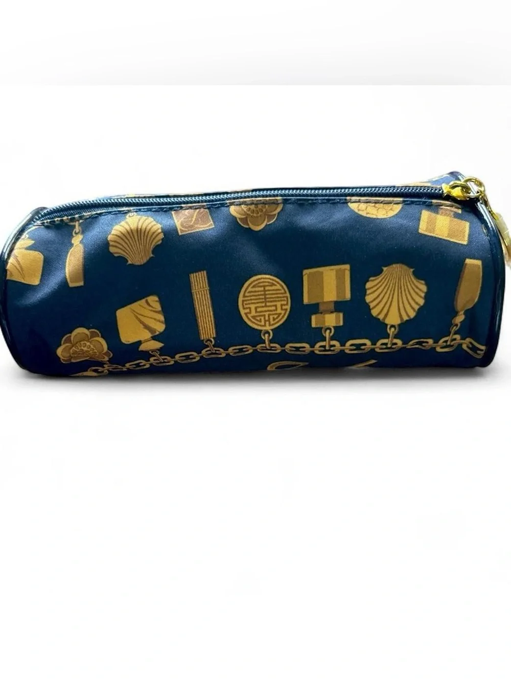 Estee Lauder Blue and Gold Printed Satin Zip Pouch